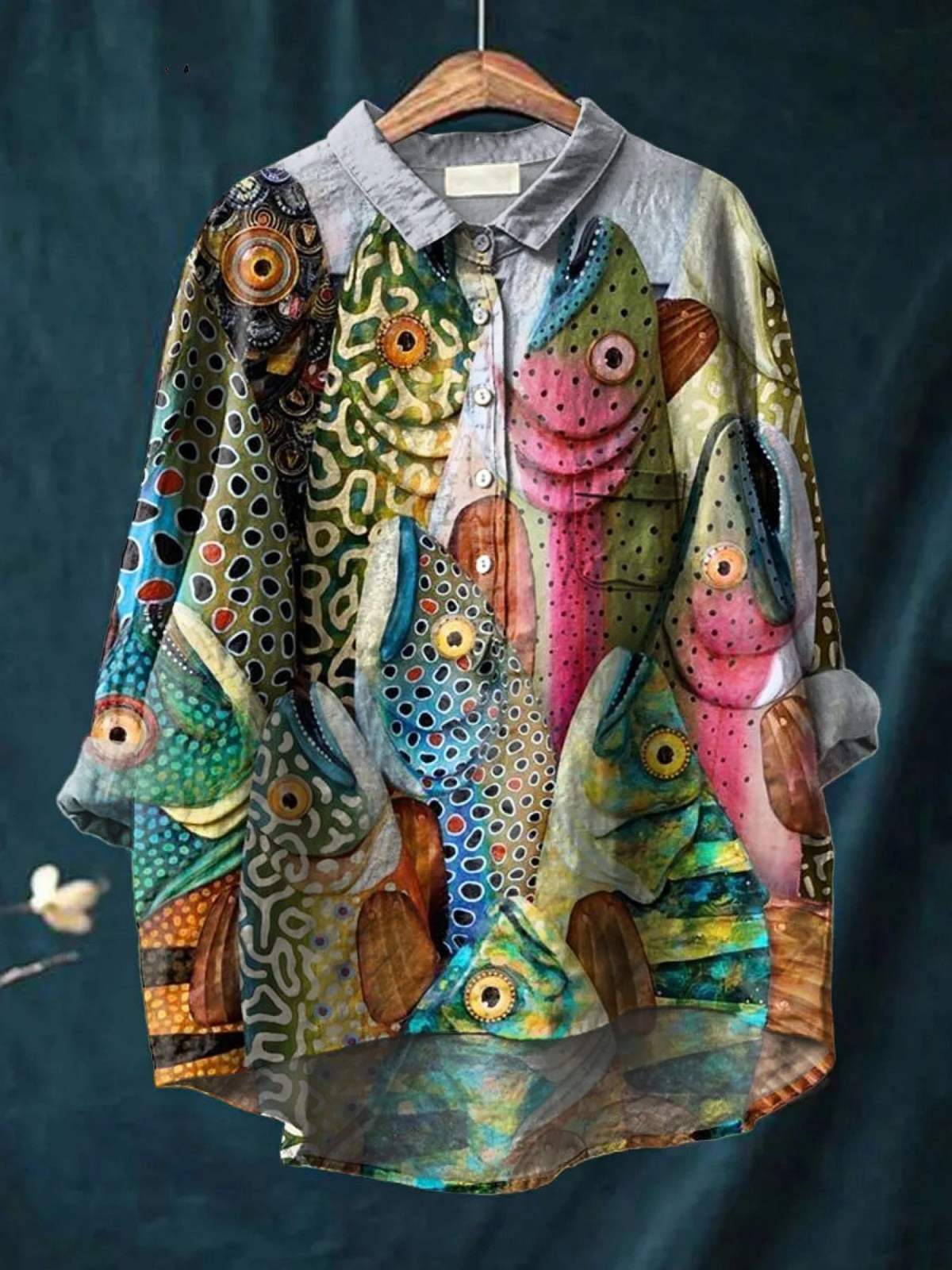 Multicolor button-up casual shirt with vintage funny fish graphic print, long sleeves