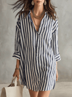 Blue and white striped oversized shirt mini dress, V-neck with roll sleeves