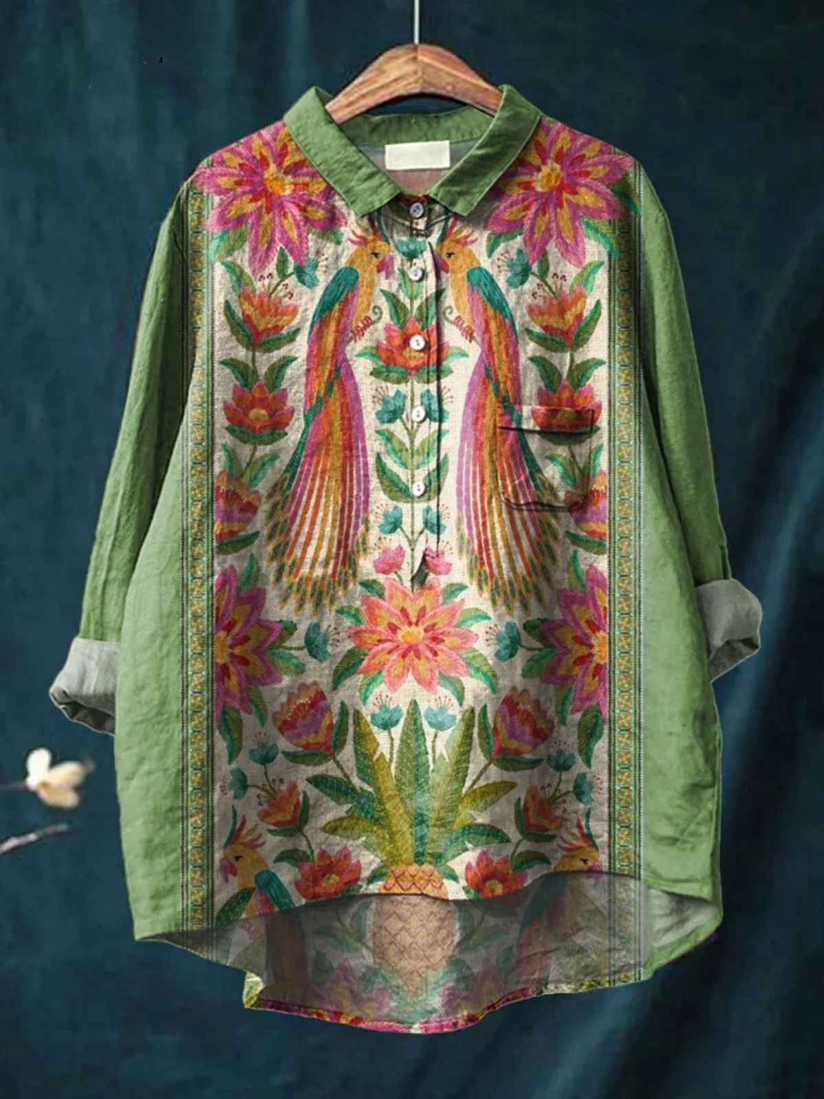 Women's vintage floral bird art print casual shirt with button front and long sleeves