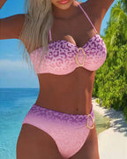 Halter neck leopard print gradient swimsuit set, pink to purple with ring detail and halter straps