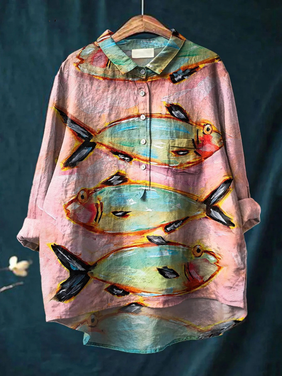 Women’s vintage fish art print casual shirt, button-up, pink with multicolor fish design