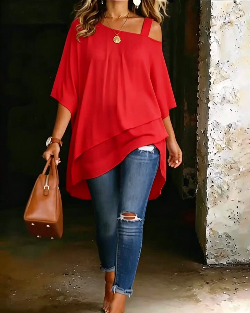 Red asymmetric blouse with draped high-low hem and short loose sleeves