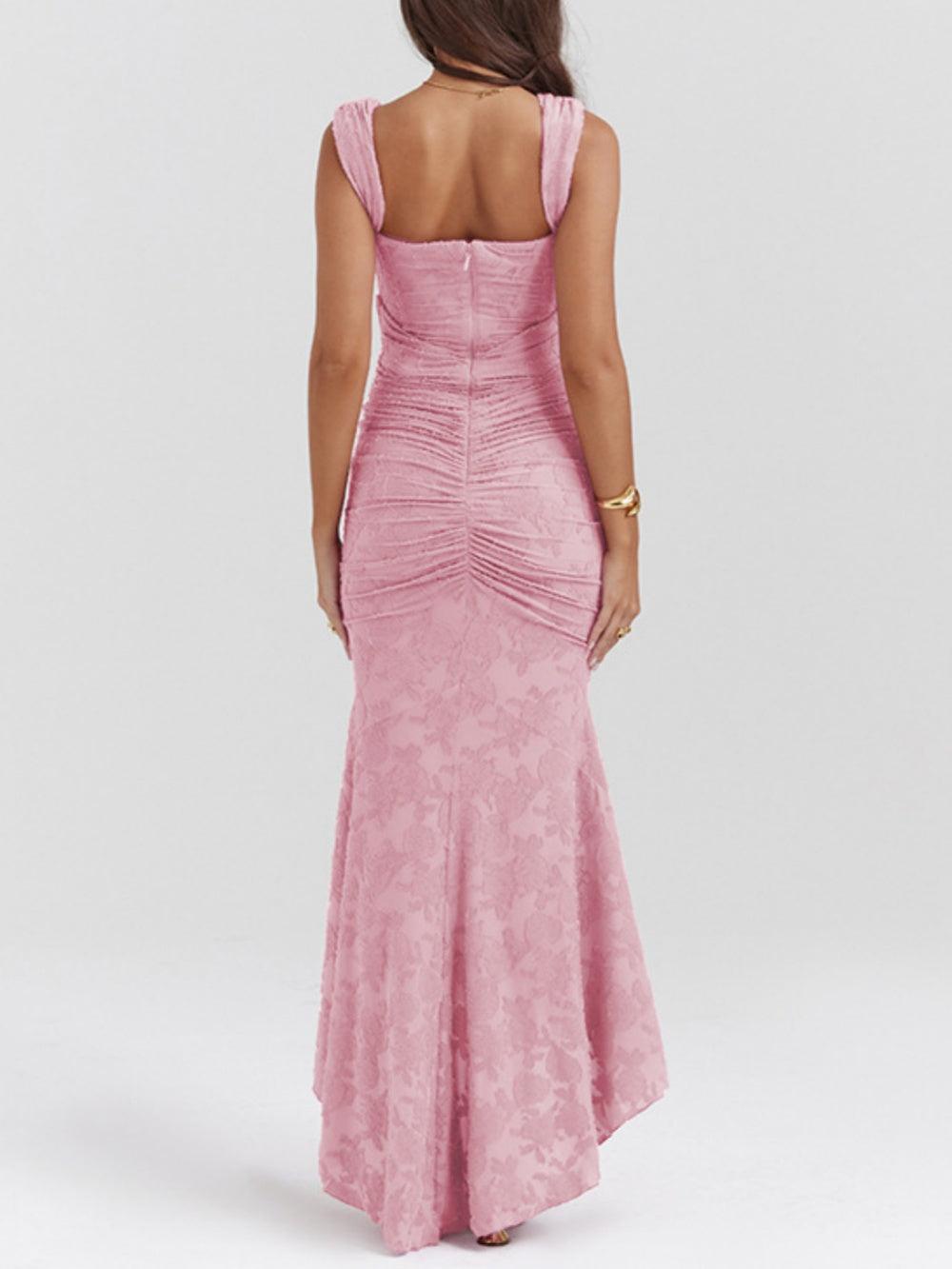 Pink floral maxi dress with scoop back, sleeveless ruched silhouette and flared hem