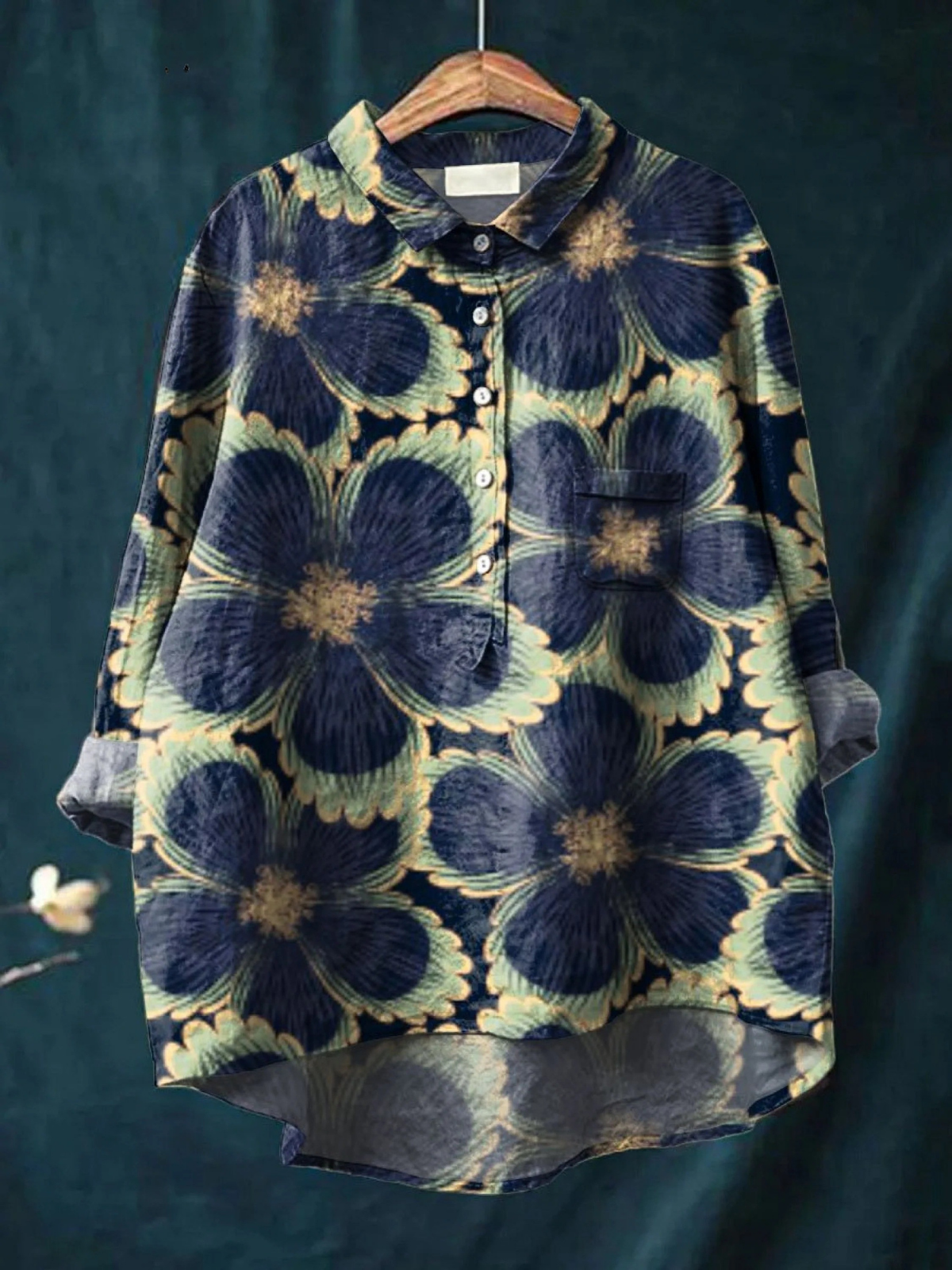 Women's vintage floral button-up shirt in navy and yellow with chest pocket