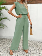 Emerald green sleeveless top and wide-leg pants set, lace ruffle trim, tie waist