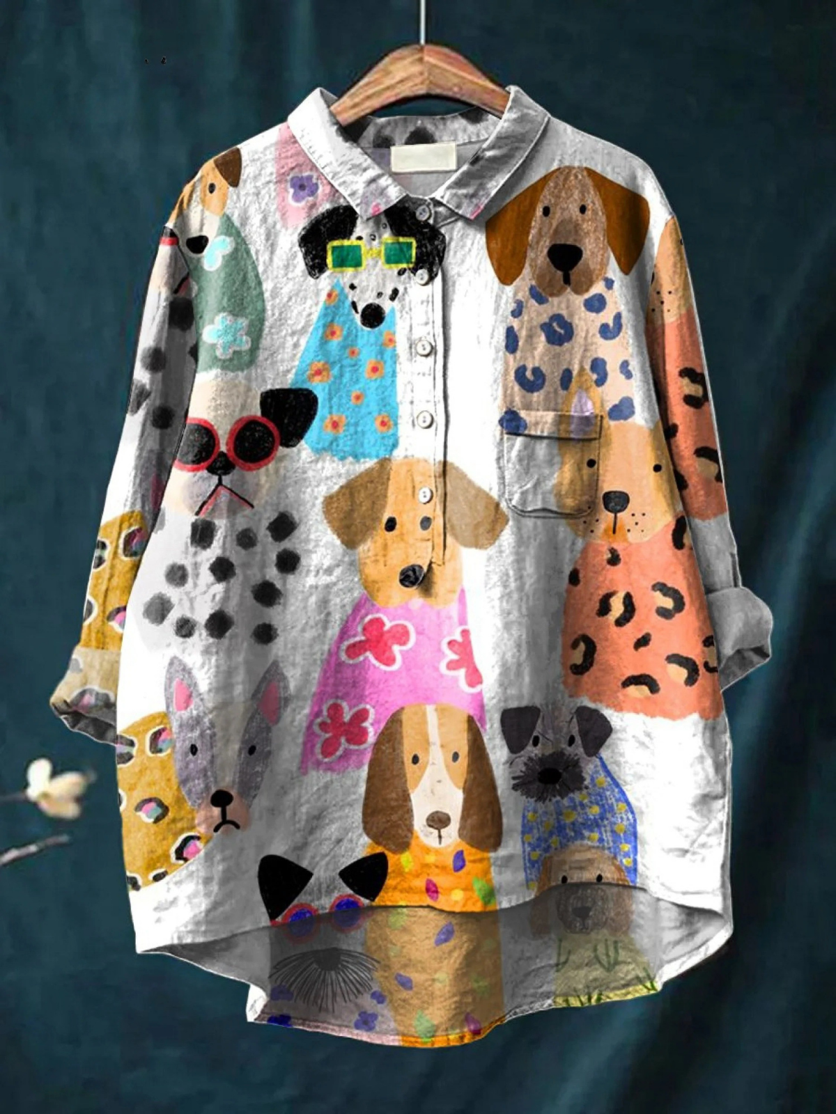 Women's casual button-up shirt with long sleeves and colorful cartoon puppy print