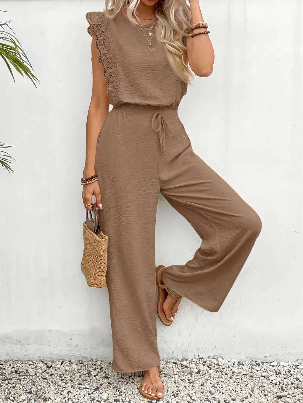 Taupe sleeveless two-piece set with lace trim, drawstring waist wide-leg pants.
