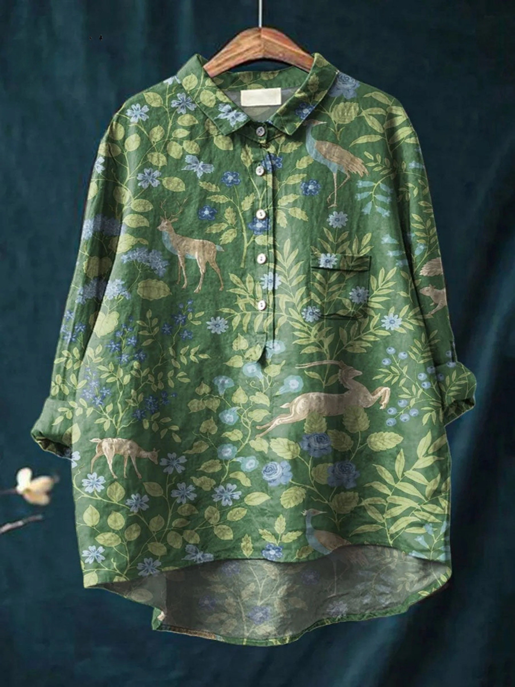 Women's casual shirt, green vintage floral animal print, button front, chest pocket