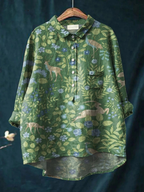 Women's casual shirt, green vintage floral animal print, button front, chest pocket