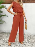 Rust red ruffle-shoulder two-piece set with drawstring waist and wide pants