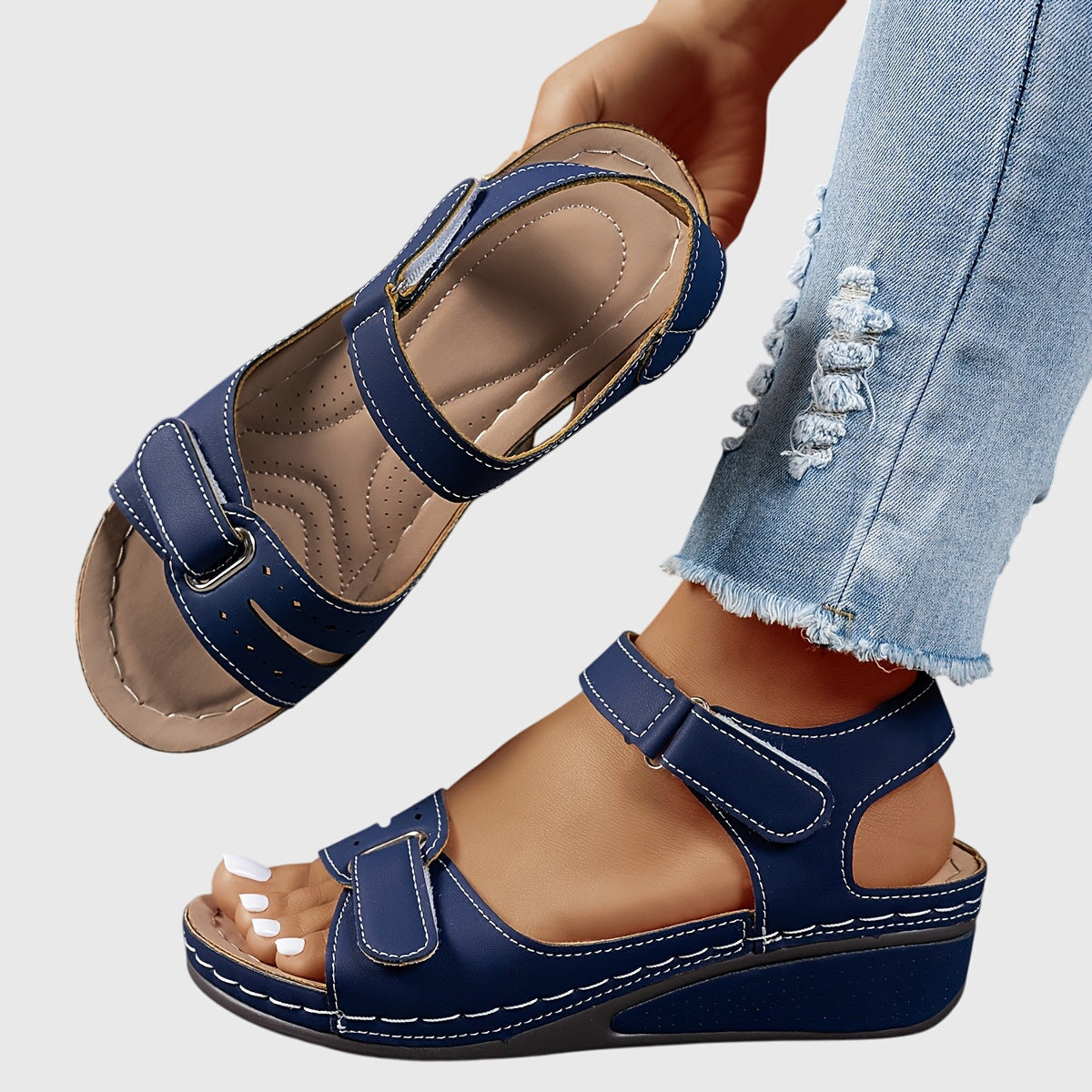 Crystal™ blue orthopedic sandals with hook-and-loop straps and open toe