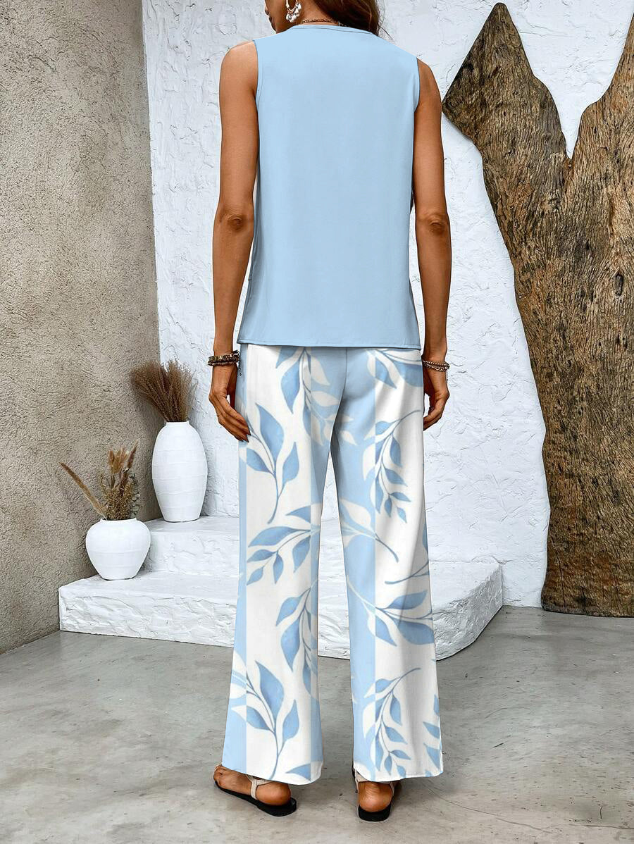 Light blue floral two-piece set, sleeveless top with wide-leg pants (back view)