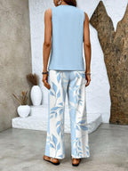 Light blue floral two-piece set, sleeveless top with wide-leg pants (back view)