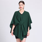 Forest green caped fleece shawl with V-neck and waist tie, flowing poncho shape.