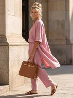 Elegant set with long short-sleeve shirt and wide-leg pants, pink