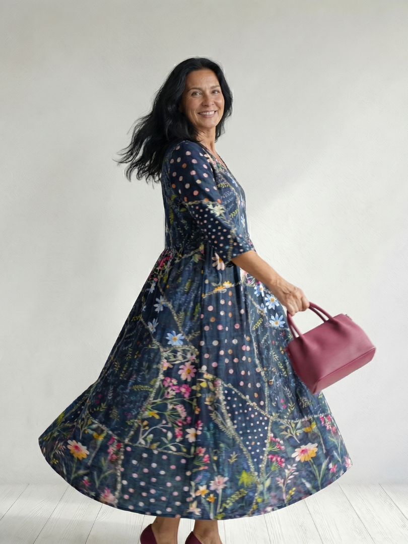 Blue floral midi dress, flared skirt and V-neck, three-quarter sleeves