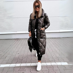 Black quilted long puffer winter coat with hood and front zipper.