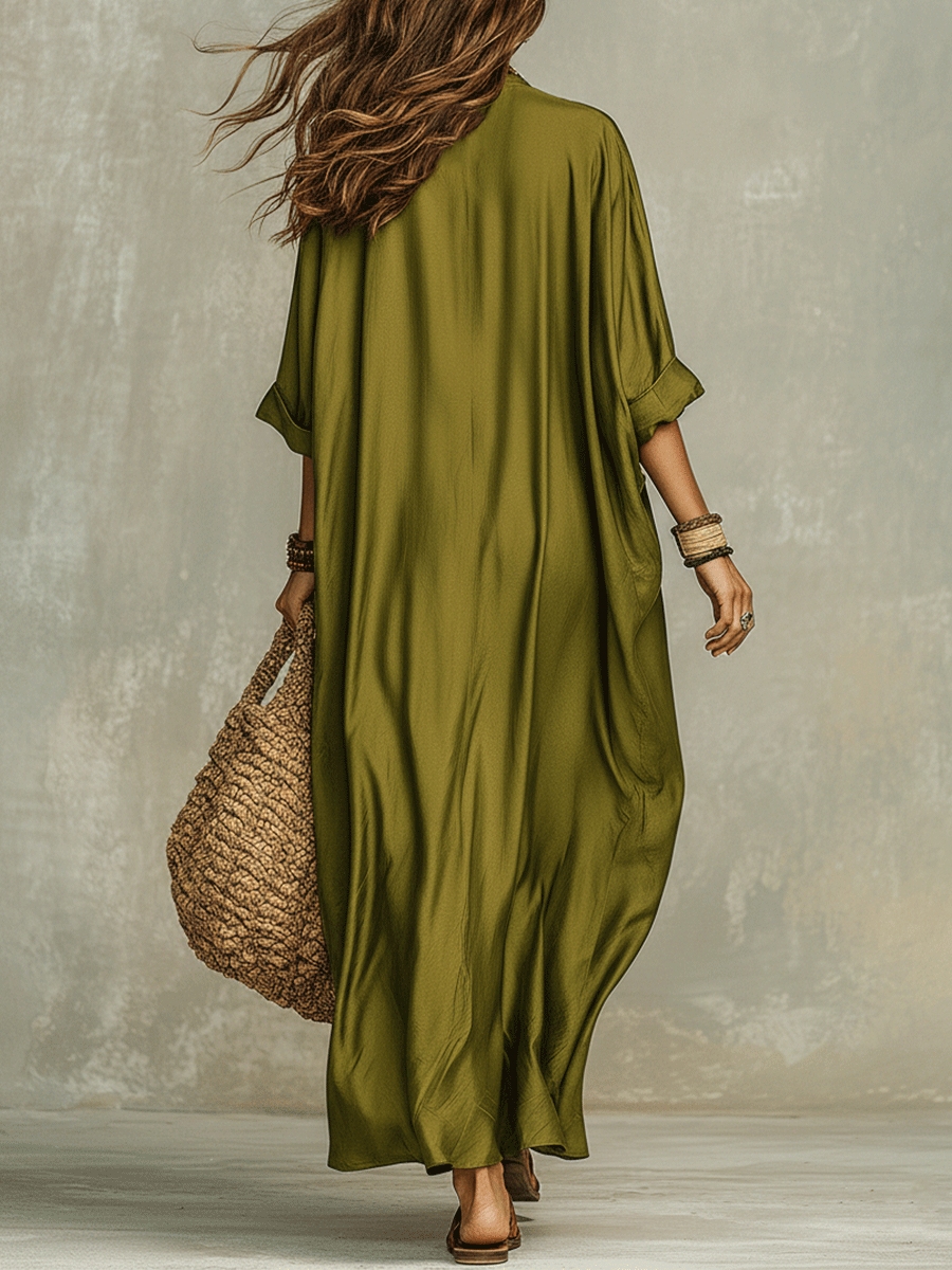 Olive green bohemian maxi dress, relaxed back view, loose draped silhouette
