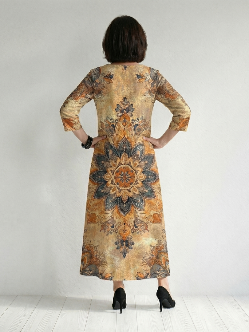 Floral midi dress with V-neck and back yoke seam, paisley-style medallion print