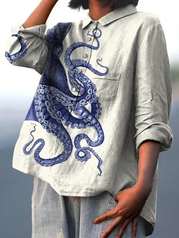 Women’s casual shirt with blue octopus tentacles print, chest pocket, loose fit