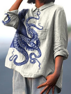 Women’s casual shirt with blue octopus tentacles print, chest pocket, loose fit