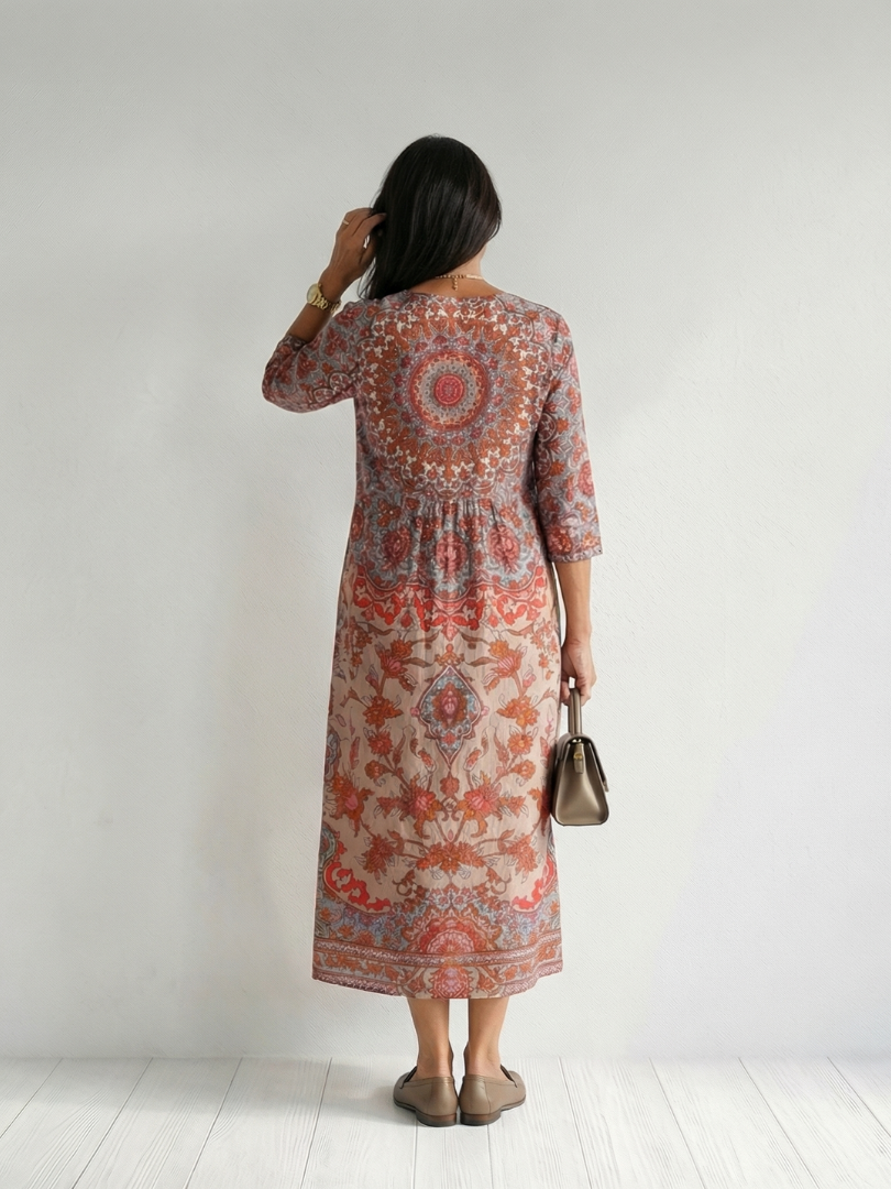 Red patterned midi dress, back view with 3/4 sleeves and round neckline.