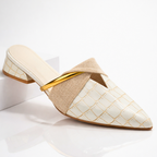 Cream gator-pattern slip-on mule with beige fabric strap and gold bar accent