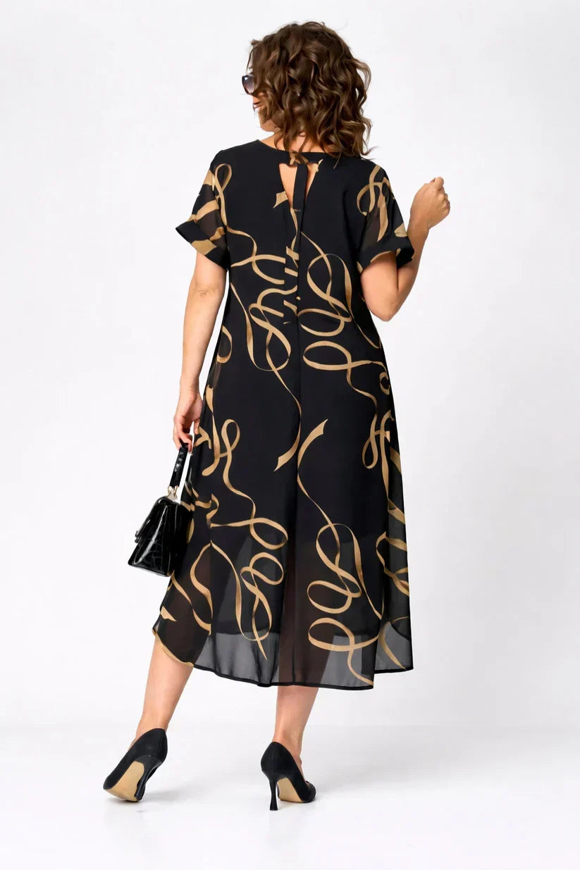 Women's black midi dress with gold swirl print, V-neck, short sleeves, flowing A-line
