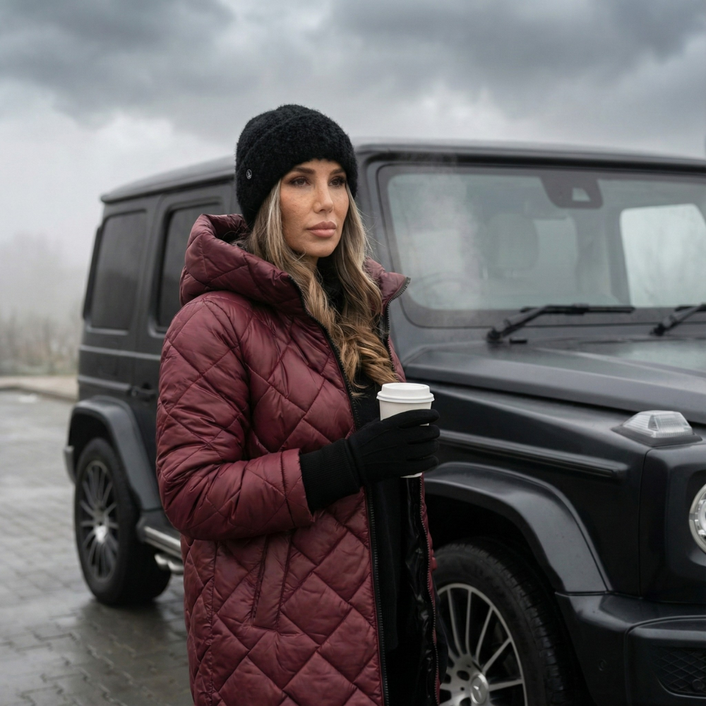 Burgundy quilted hooded coat with zip front and long sleeves
