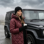 Burgundy quilted hooded coat with zip front and long sleeves