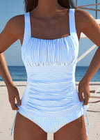 Blue/white striped adjustable swim tankini with ruched center and side tie briefs
