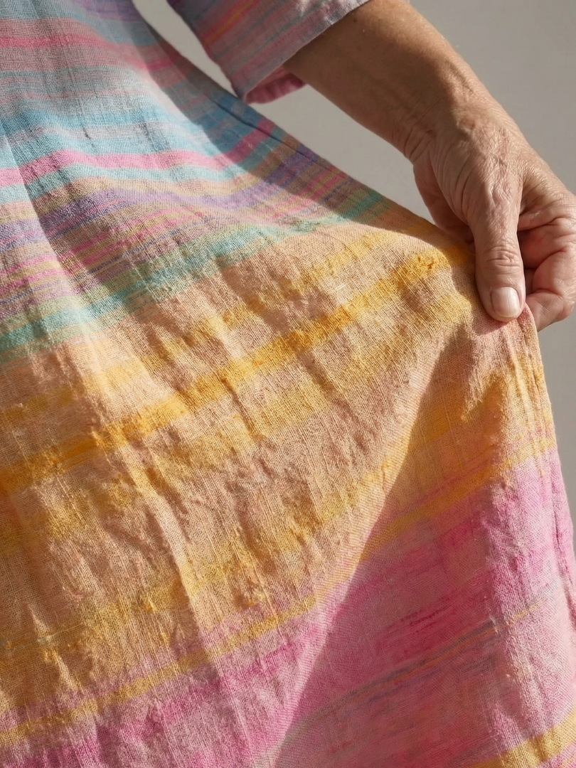 Close-up of pink, blue, and orange gradient striped fabric on midi dress