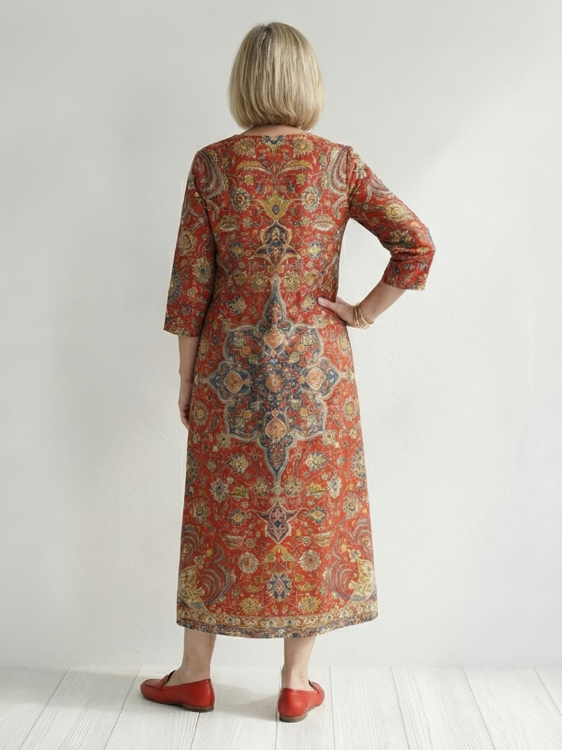 Back view of red patchwork midi dress with 3/4 sleeves