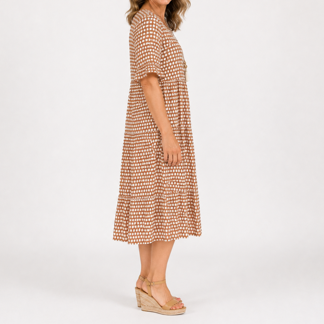 Brown dotted short-sleeve midi dress with flared skirt and short cuff sleeves