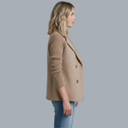 Ribbed blazer coat in tan/brown, close-up of double-breasted buttons and wide lapels