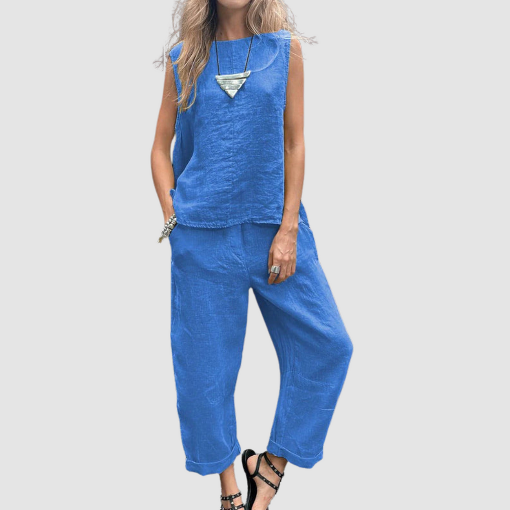 Blue two-piece summer set with sleeveless tank and wide-leg pants