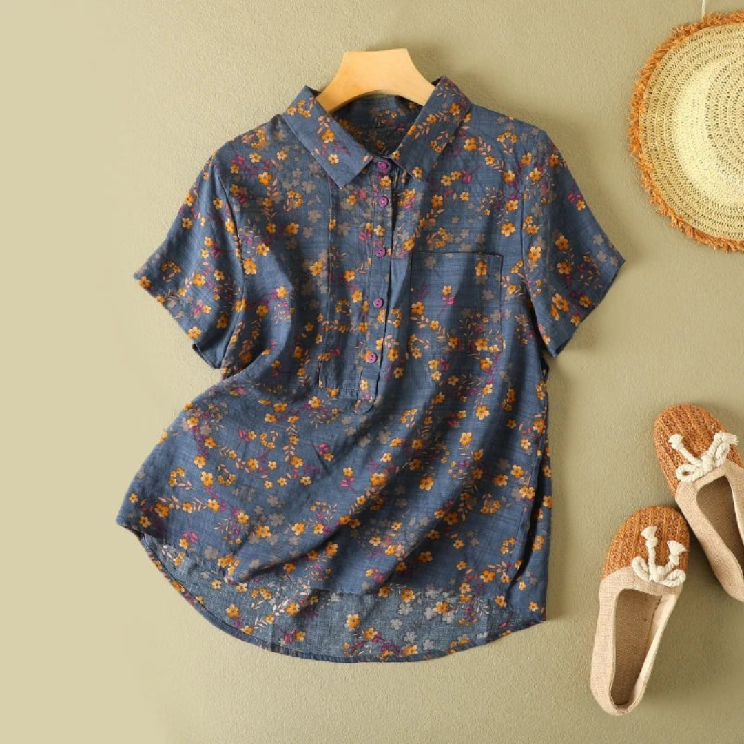 Blue short-sleeve vintage floral summer shirt with collar and button placket