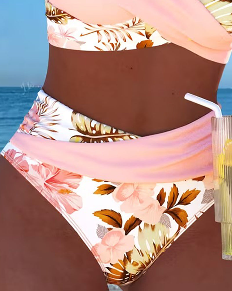 Floral contrast split bikini bottoms in pink with high-cut leg and tropical print