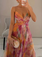 Maxi A-line V-neck dress with multicolor painted floral print and gathered waist