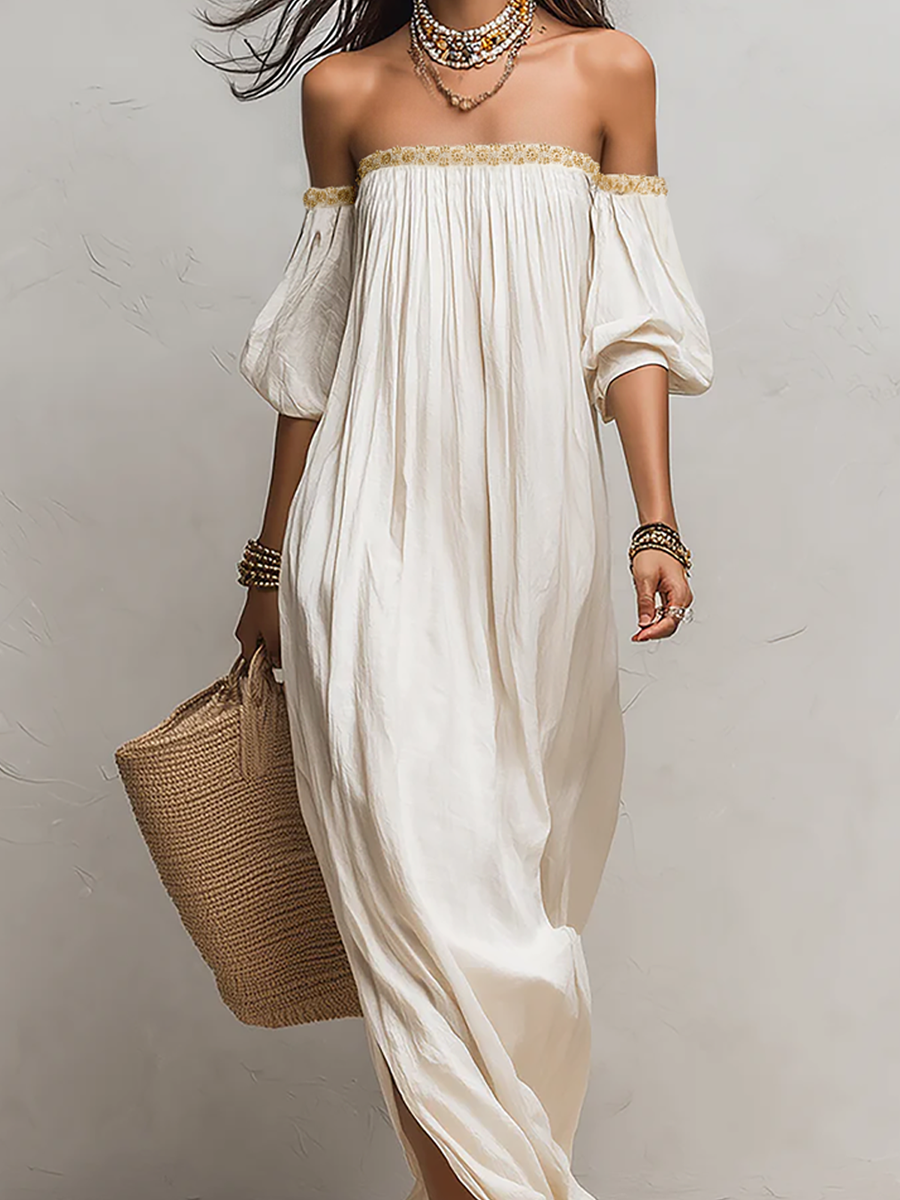 Ivory off-shoulder pleated maxi dress with smocked top and wide flowy skirt