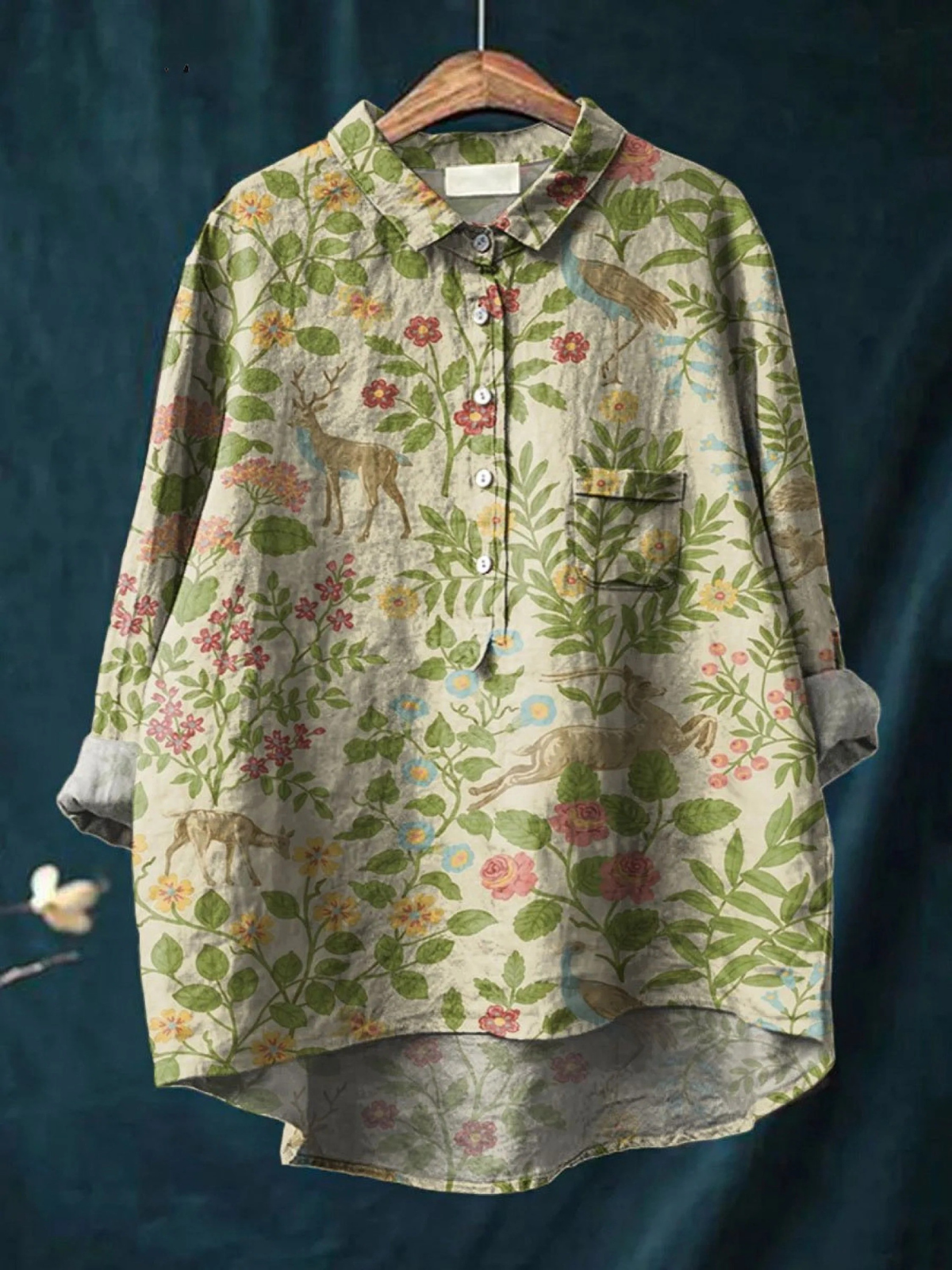 Women's casual shirt, beige vintage floral animal print, button front, chest pocket