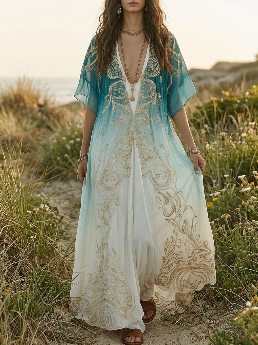 Aqua and cream ombre kaftan maxi dress with V-neckline and swirling gold embroidery