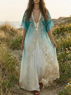 Aqua and cream ombre kaftan maxi dress with V-neckline and swirling gold embroidery