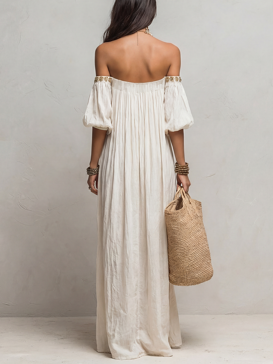 Ivory off-shoulder pleated maxi dress, low back with gathered neckline