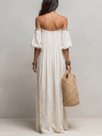 Ivory off-shoulder pleated maxi dress, low back with gathered neckline