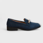 Navy suede loafer with gold buckle strap detail and low block heel, side profile