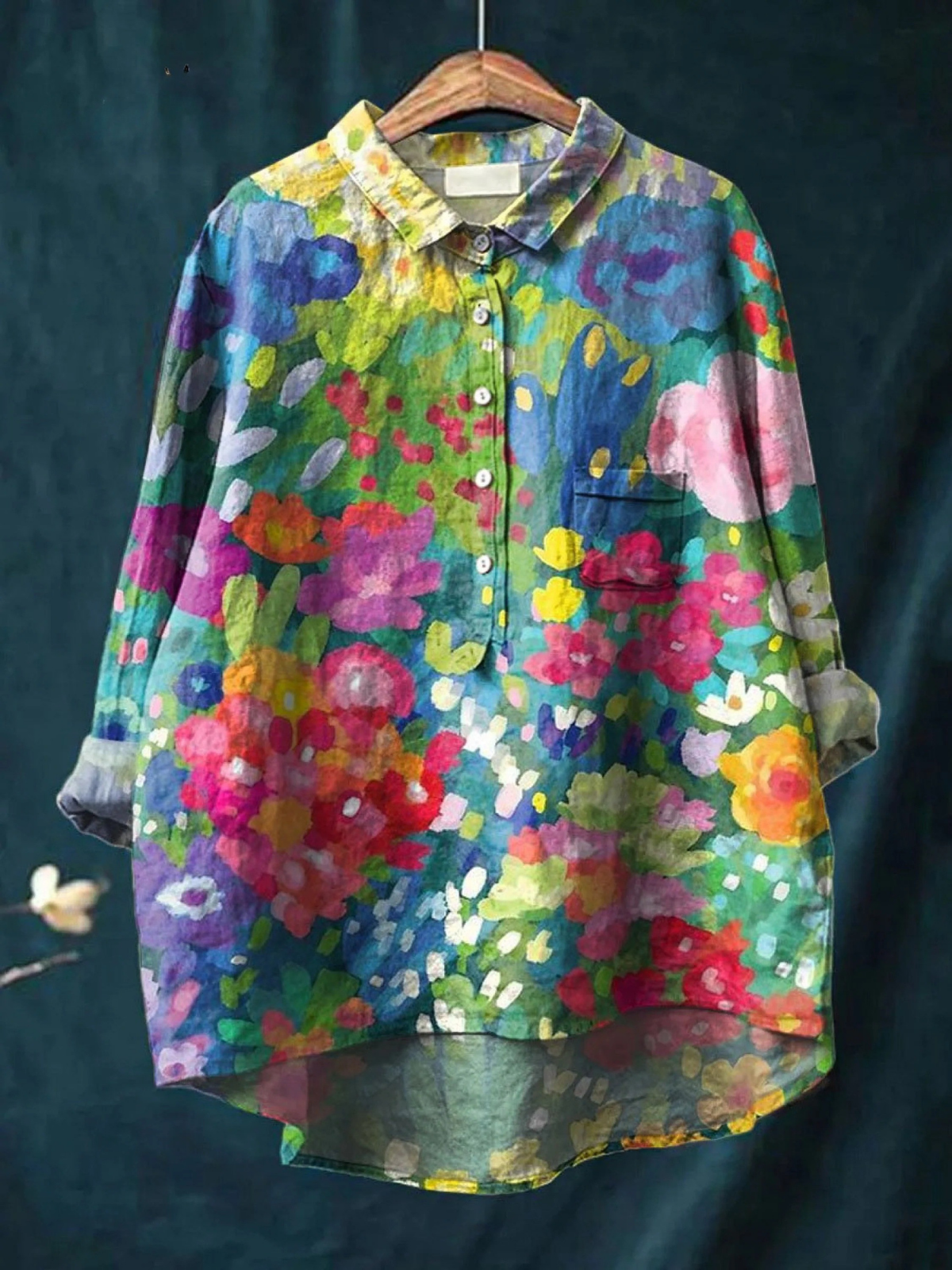 Women's casual shirt with multicolor floral art print, button front, long sleeves