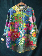 Women's casual shirt with multicolor floral art print, button front, long sleeves