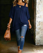 Navy asymmetric blouse with draped side hem and short loose sleeves