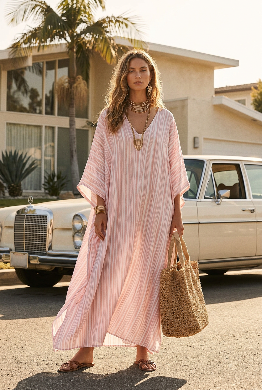 Soft pink striped kaftan dress, V-neck with tassel pendant, flowing ankle length